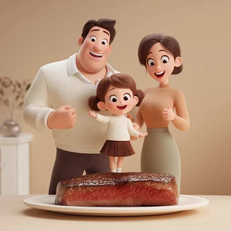 3D animated cheerful family of three admiring a cooked steak on a plate