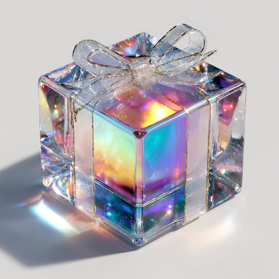 Close-up of a transparent glass gift box with rainbow reflections and a clear bow, casting colorful light and shadow on a white surface