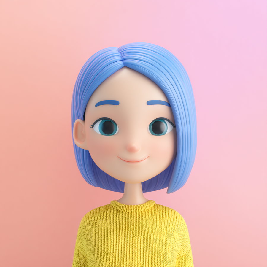 3D rendered portrait of a girl with blue hair, blue eyebrows, wearing a yellow knitted sweater, smiling against a soft pink and peach gradient background