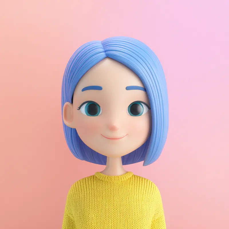 3D stylized character art of a smiling girl with blue hair and yellow sweater on pastel background