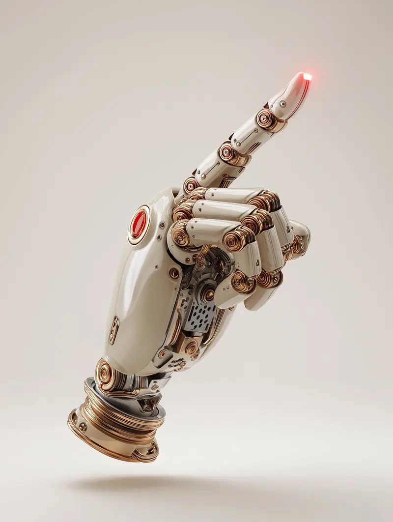 3D render of a futuristic robotic hand with illuminated fingertip pointing upwards