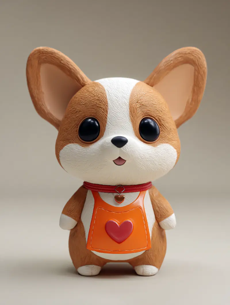 Cute stylized corgi dog figure with large eyes and a heart design on its apron