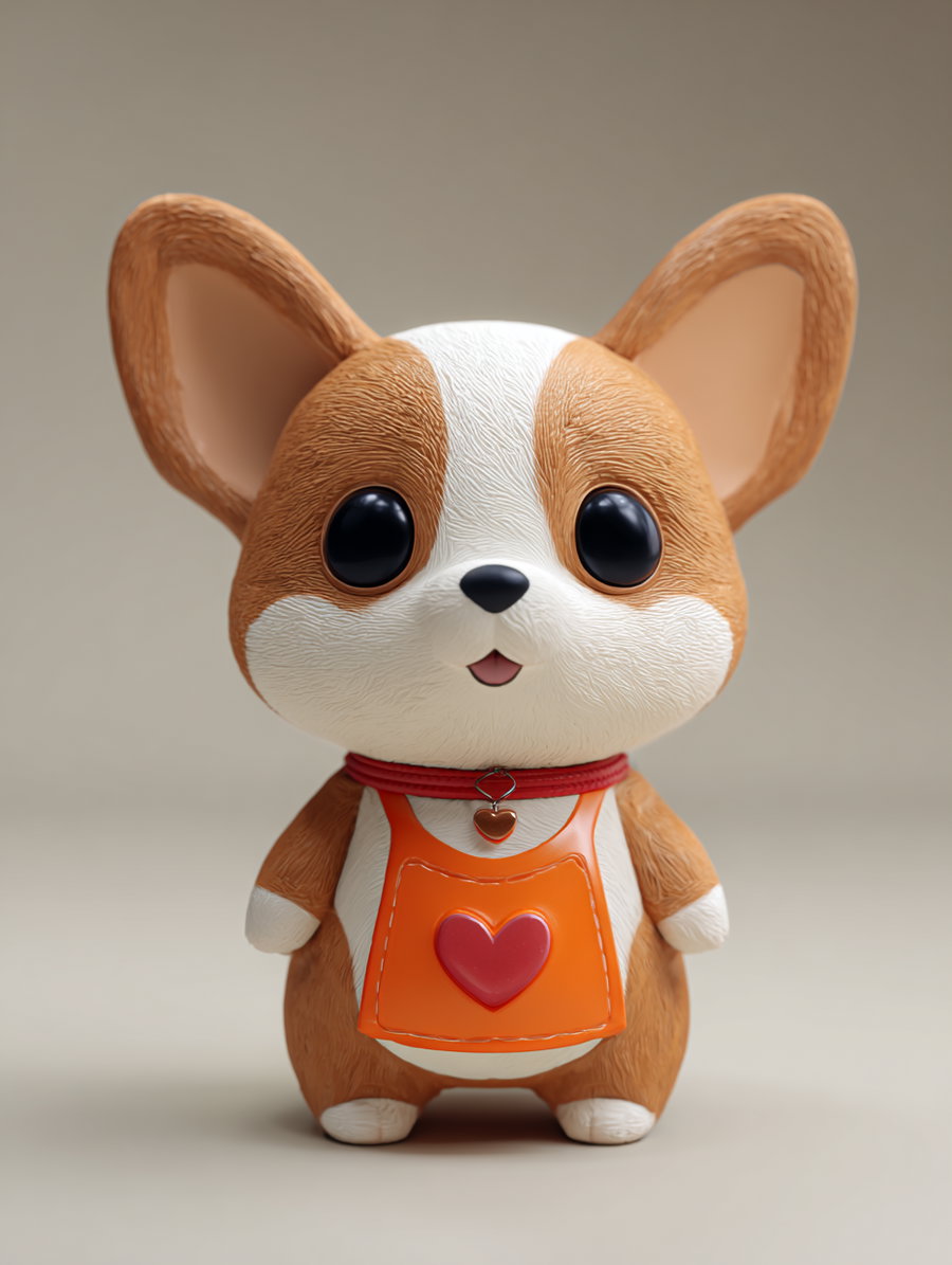 A cute small corgi dog figure with large black eyes, wearing an orange apron with a red heart on it and a red collar with a heart-shaped charm, standing on a plain background.