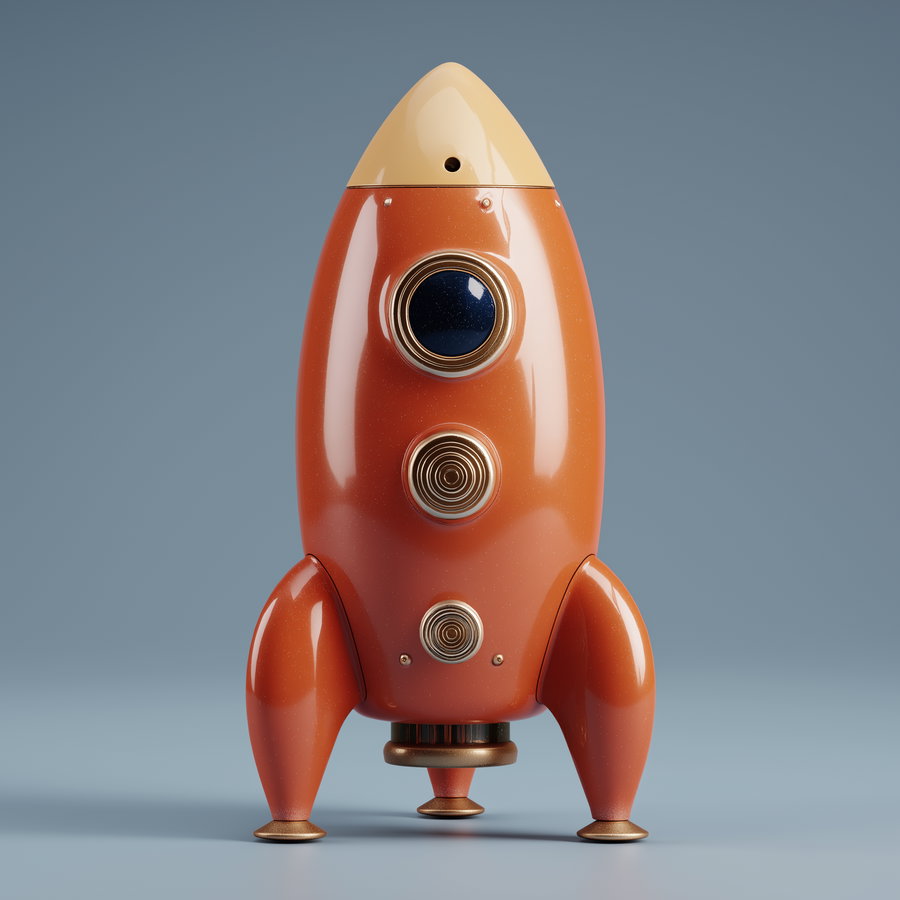 a glossy orange and cream retro rocket ship with three circular details on the front and three legs, set against a plain blue background