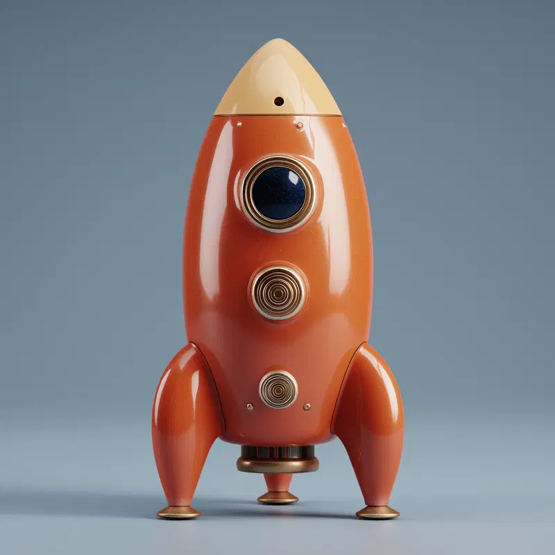 3D render of a small retro-style orange rocket ship with a blue window