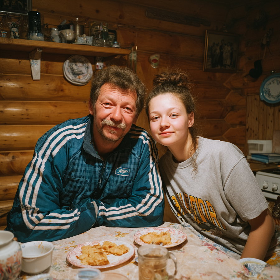 A middle-aged man wearing a blue sports jacket and a young woman in a grey t-shirt sitting closely at a table with plates of food, inside a wooden cabin kitchen