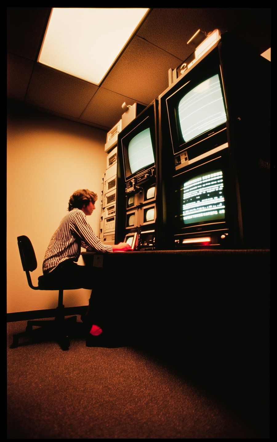 A person sitting on a chair working with vintage computer monitors and electronic equipment against a wall under ceiling lights in a dimly lit room.