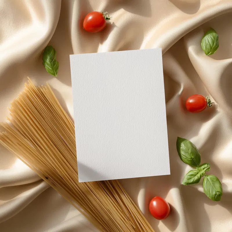 Still life composition with uncooked spaghetti, cherry tomatoes, basil leaves on silky fabric