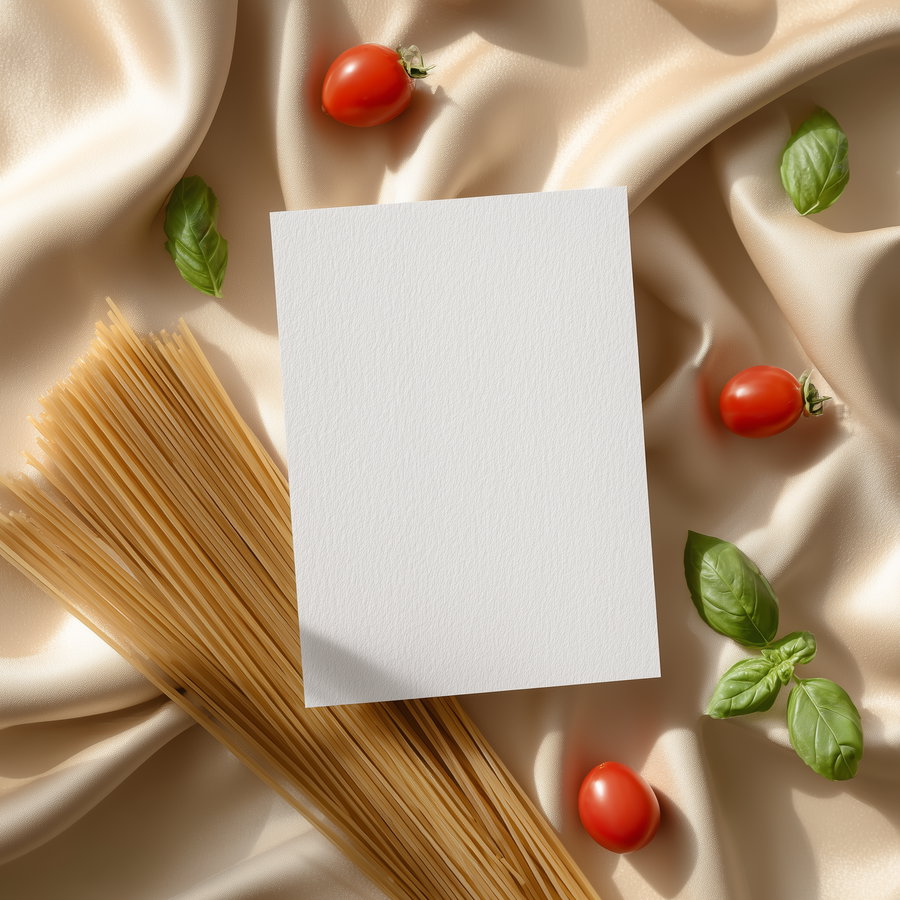 Uncooked spaghetti, cherry tomatoes, and basil leaves arranged on beige silky fabric with a blank textured paper in the center