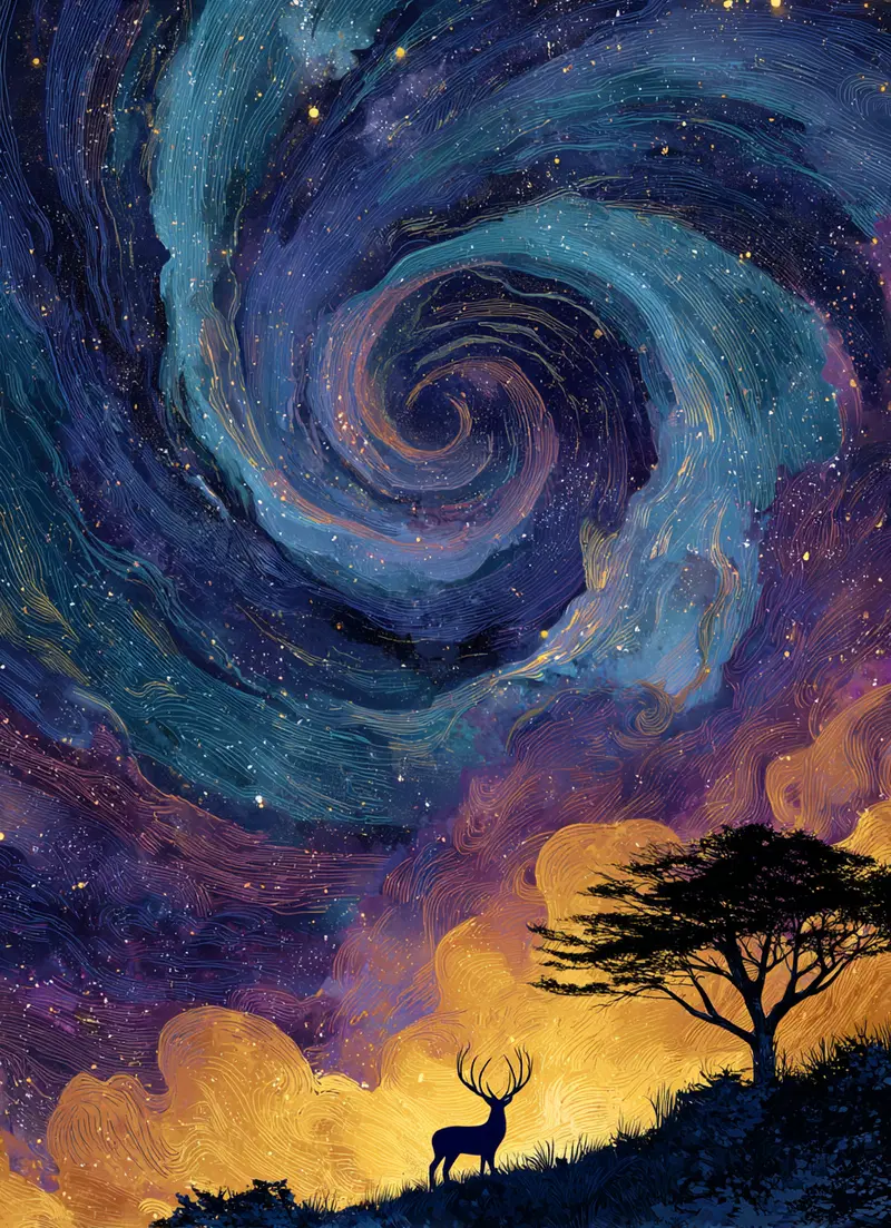 A surreal fantasy landscape with a swirling starry night sky over a deer and lone tree silhouette