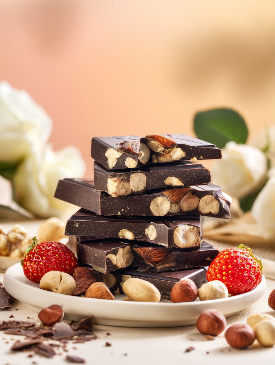 A stack of dark chocolate bars with visible nuts on a white plate surrounded by whole nuts and two strawberries, with blurred white roses in the background