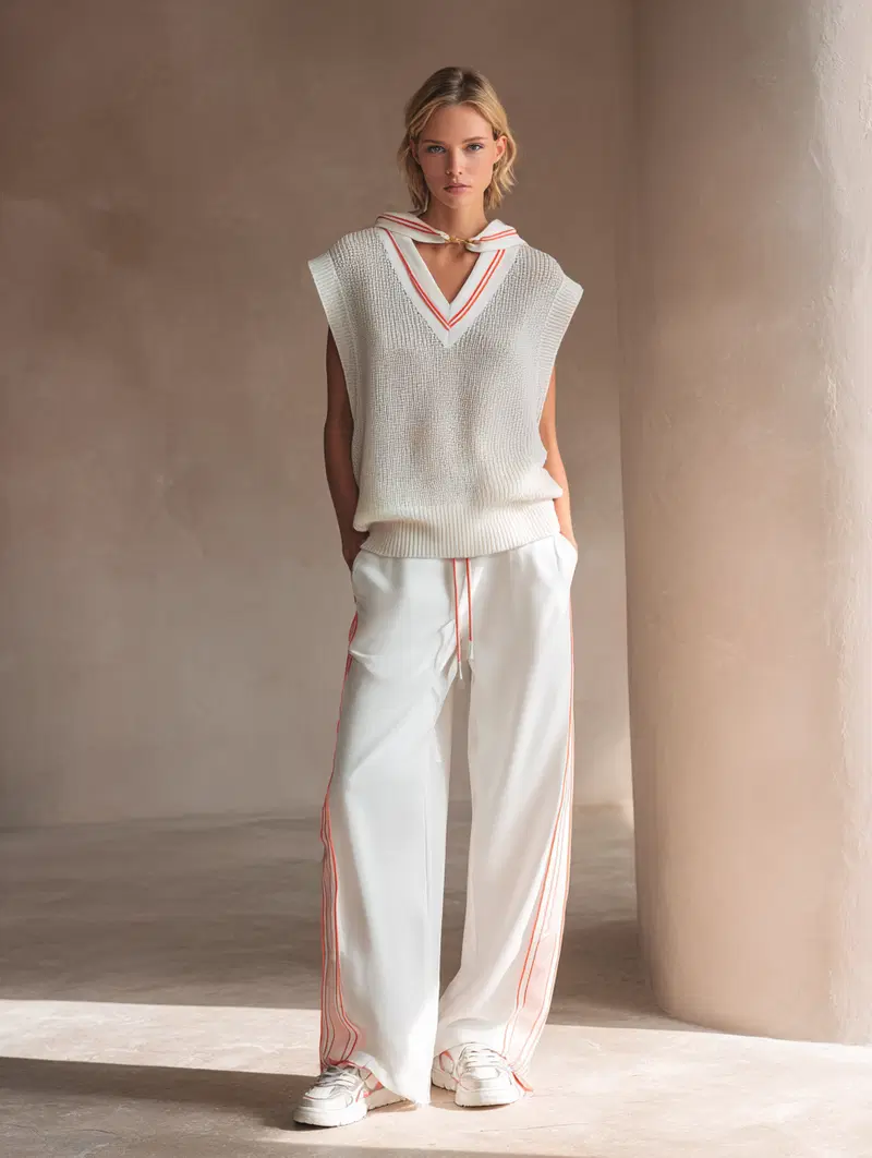 Full body portrait of a blonde woman in casual sporty fashion outfit