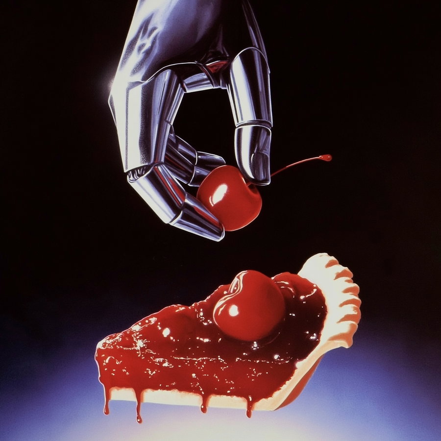 A shiny metallic robotic hand holding a red cherry above a slice of cherry pie with dripping filling, set against a dark background