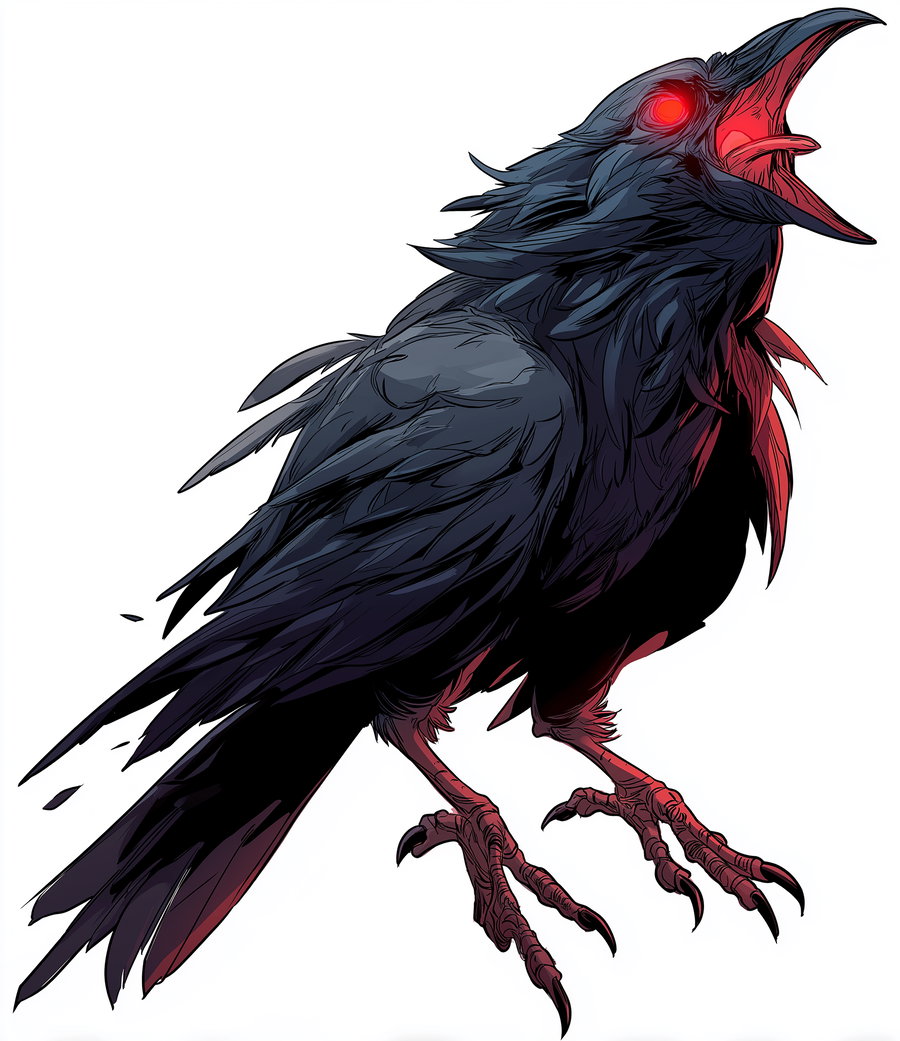 A digital drawing of a black raven with detailed feathers and glowing red eyes, beak open as if cawing, highlighted with red accents on its legs and under feathers
