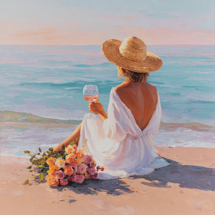 Painting of a woman sitting on the beach with a bouquet of flowers beside her, holding a glass of wine, facing the ocean.