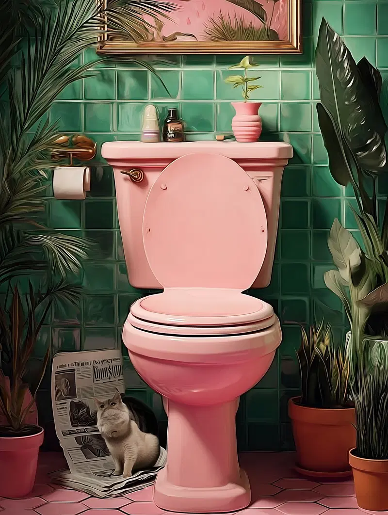 Cozy bathroom scene with pink toilet and indoor plants in green tiled room