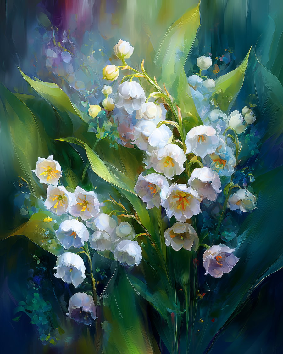 A digital artwork featuring white bell-shaped lily of the valley flowers surrounded by large green leaves and a blurred abstract background with cool and warm tones