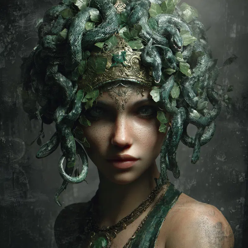 Detailed portrait of a mystical female character with snakes and leaves in her hair