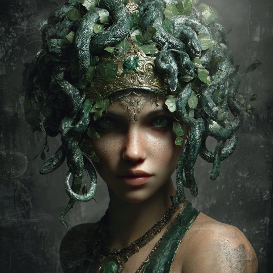 Close-up digital portrait of a woman with snake-like creatures entwined in her hair adorned with green leaves and a golden crown, showcasing detailed facial features and textured skin against a dark background