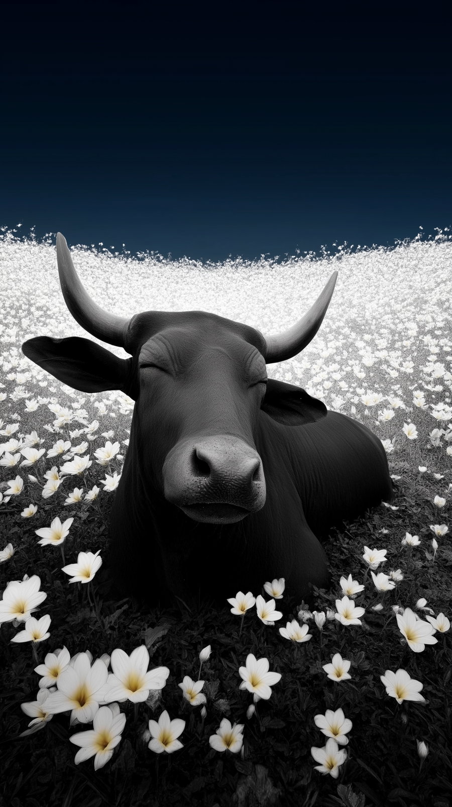 Close-up image of a black bull with closed eyes lying in a field filled with white flowers under a dark blue sky