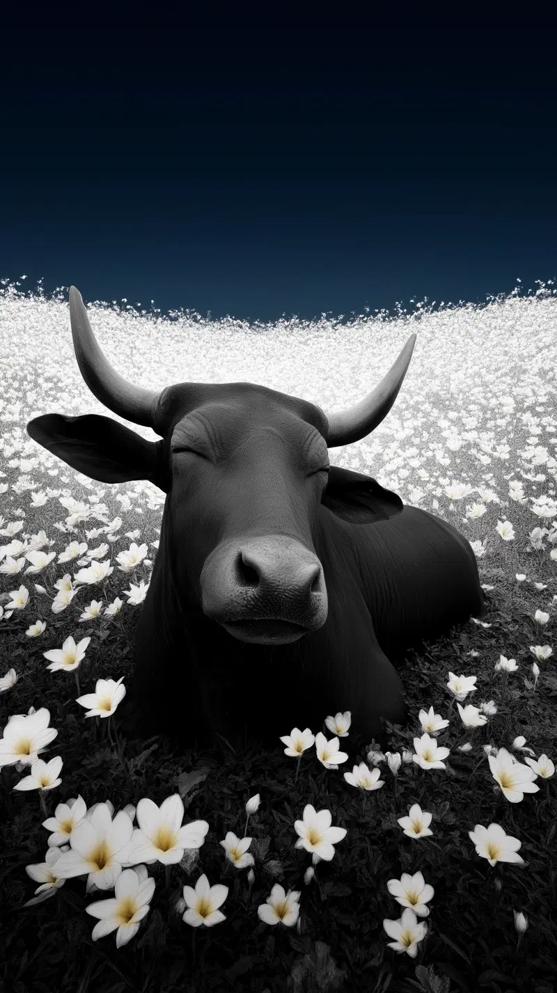 Black bull resting peacefully in a field of white flowers under dark sky