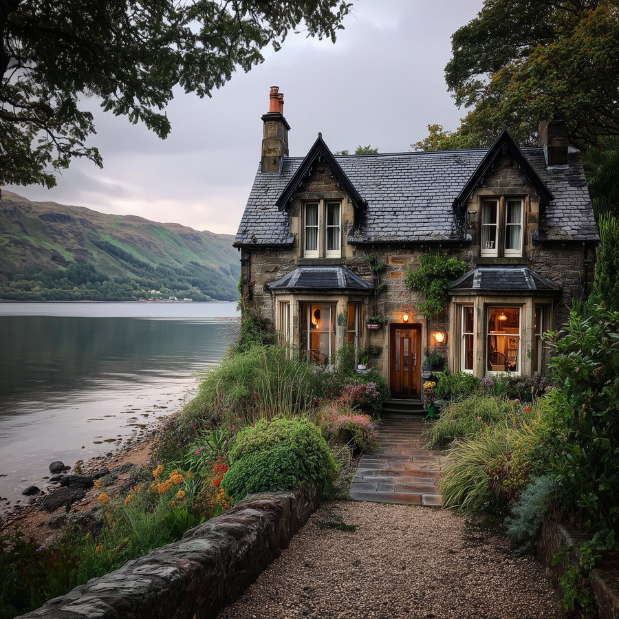 A stone cottage with warm glowing windows surrounded by a vibrant garden, with a path leading to the entrance and a calm lake beside it, hills in the background and overcast sky