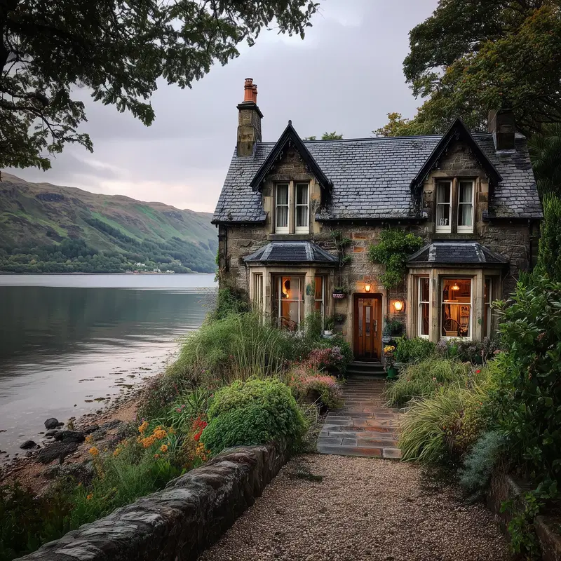 Cozy stone cottage with a lush garden by a calm lakeside under cloudy sky