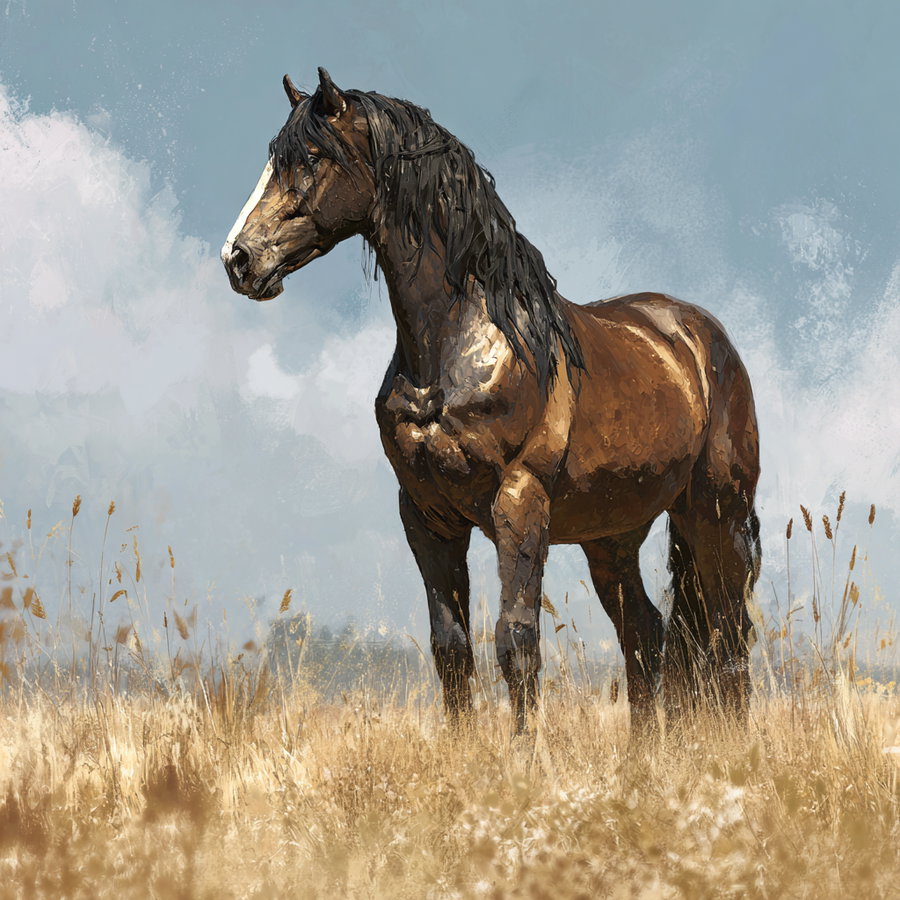 A digital painting showing a muscular brown horse with a black mane standing in a dry grassy field under a cloudy blue sky