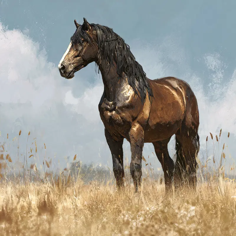 Detailed digital painting of a majestic brown horse standing in a field