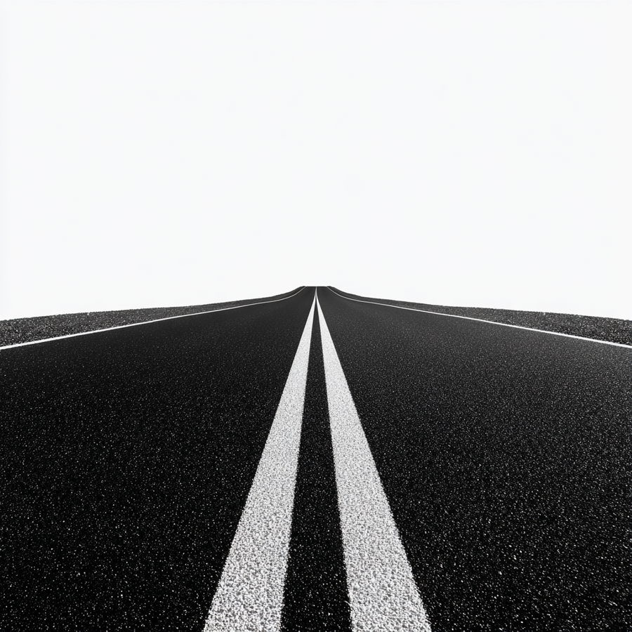 A minimalist image showing a black asphalt road with two white parallel lines in the center, and white lines on the edges, stretching into the horizon against a white sky.