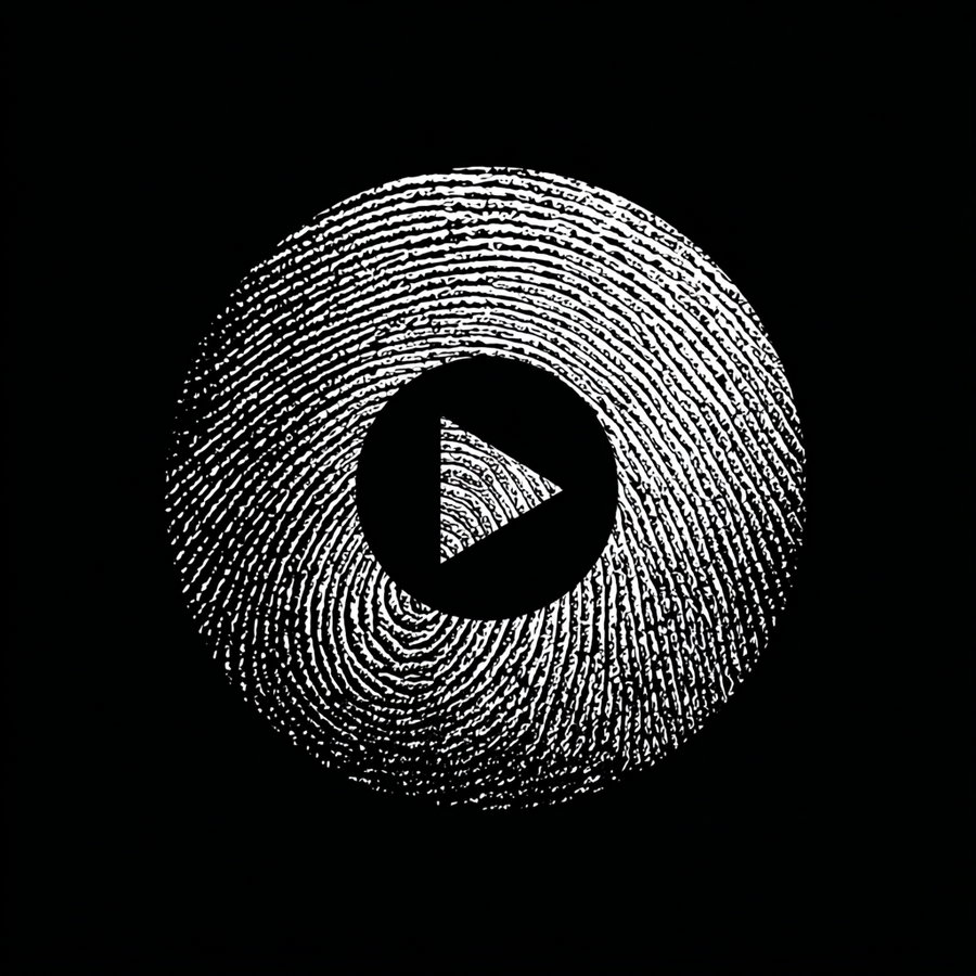 A black background with a large white fingerprint spiral. In the center of the fingerprint is a black circle containing a white play button shaped like a triangle.