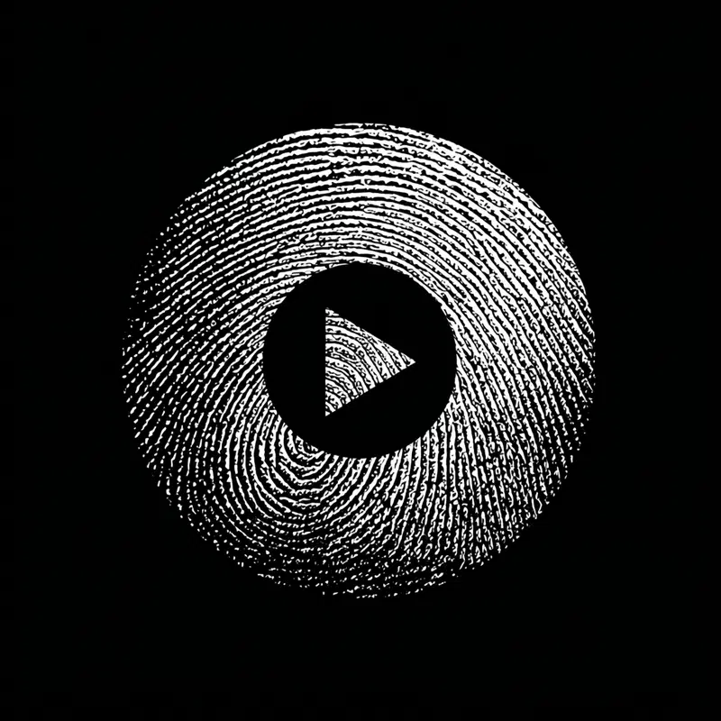 Black and white abstract fingerprint pattern with a play button in the center