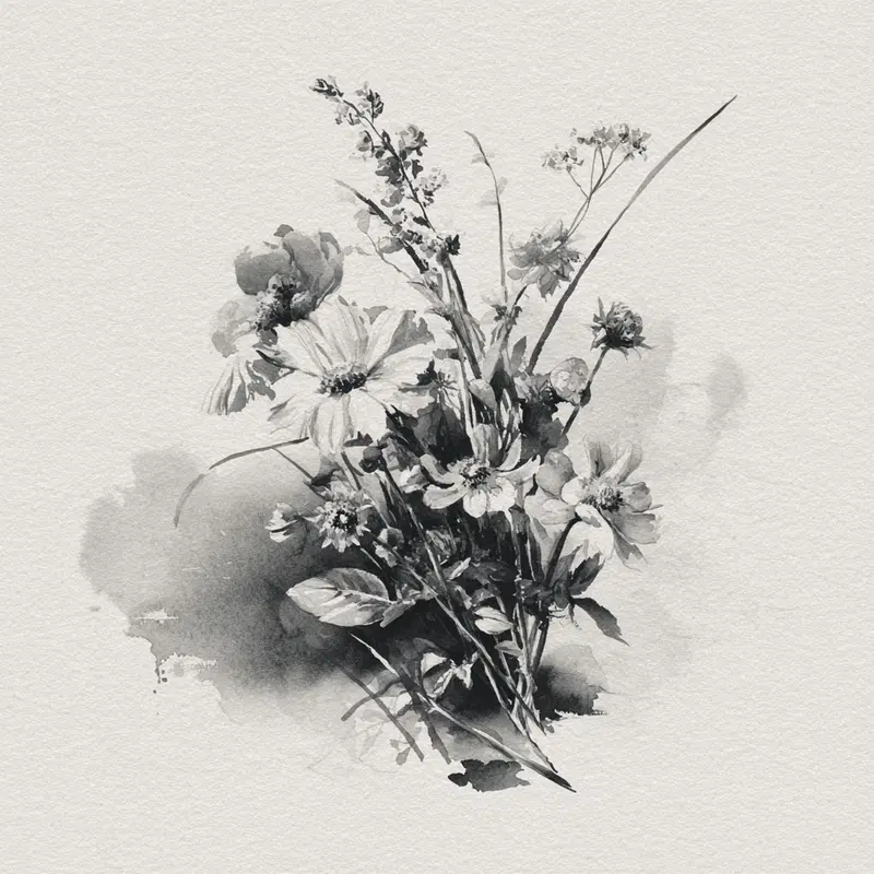 Black and white watercolor painting of a delicate bouquet of wildflowers