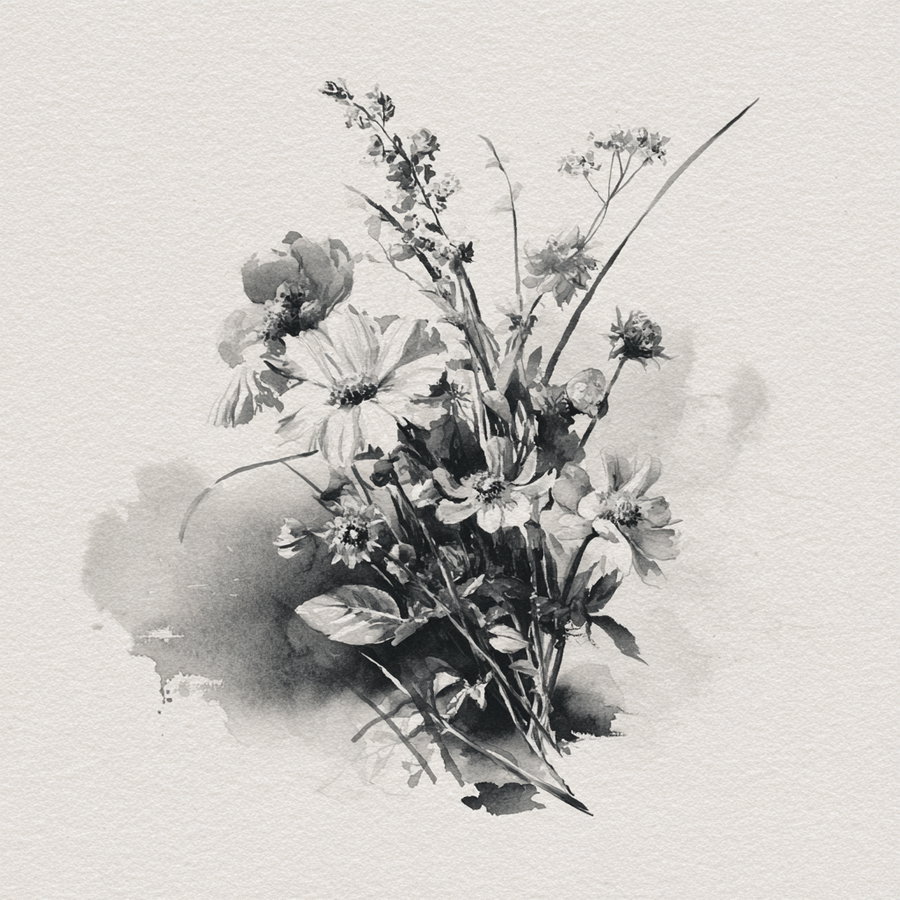 A monochrome watercolor illustration depicting a bouquet of various wildflowers with stems and leaves on a textured paper background