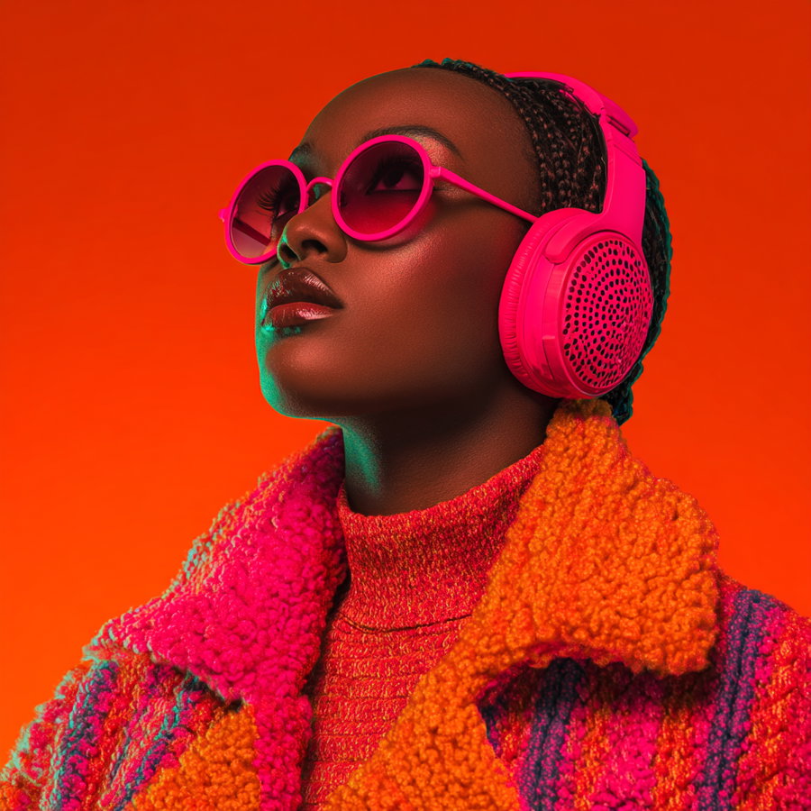 Close-up portrait of a woman with braided hair wearing bright pink round sunglasses, matching pink headphones, and a colorful orange and pink textured coat against an orange background