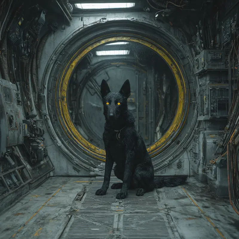 Black dog with glowing yellow eyes inside a futuristic industrial corridor