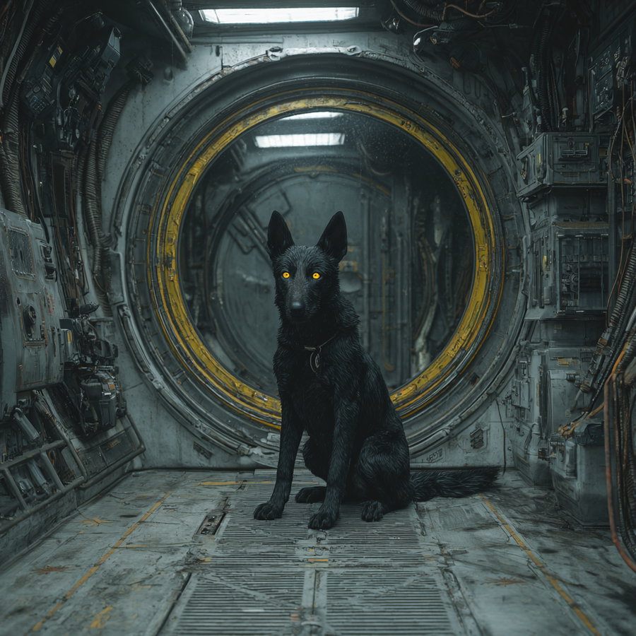 A black dog with glowing yellow eyes sitting in the middle of a gray, industrial, sci-fi corridor with cables and machinery surrounding a circular door with a yellow border.