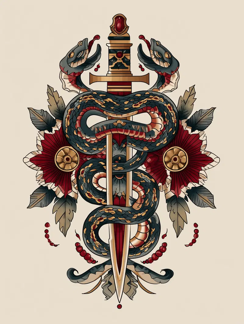 Intricate fantasy illustration of a snake entwined around a decorated sword with floral accents