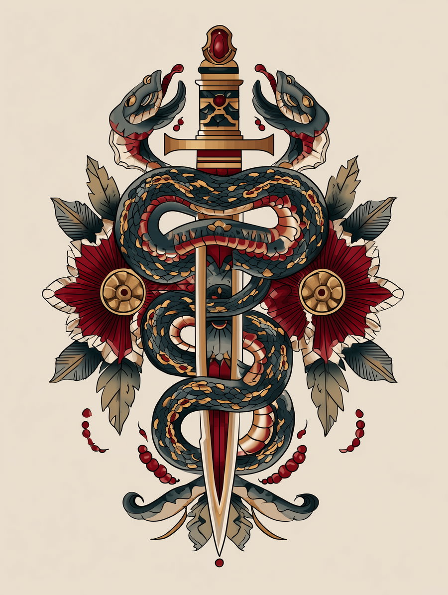 A detailed drawing of a sword with a jeweled handle, wrapped by a black and red snake, flanked by red and gold flowers and green leaves on a light background.