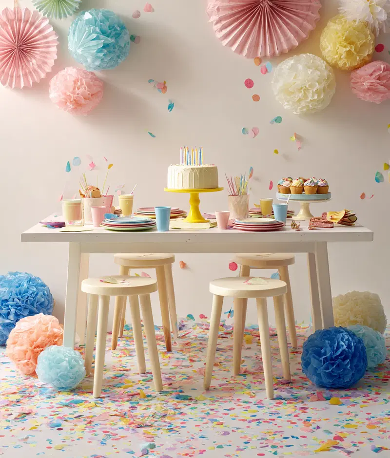 Festive pastel party table setting with colorful decorations and cake