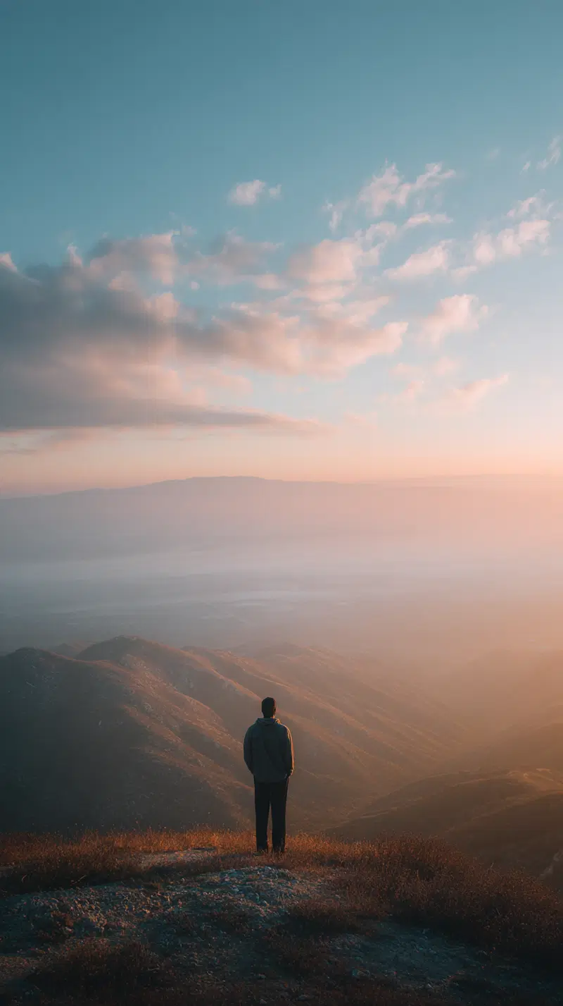Person standing on a mountain overlooking misty valleys under a soft sunset sky