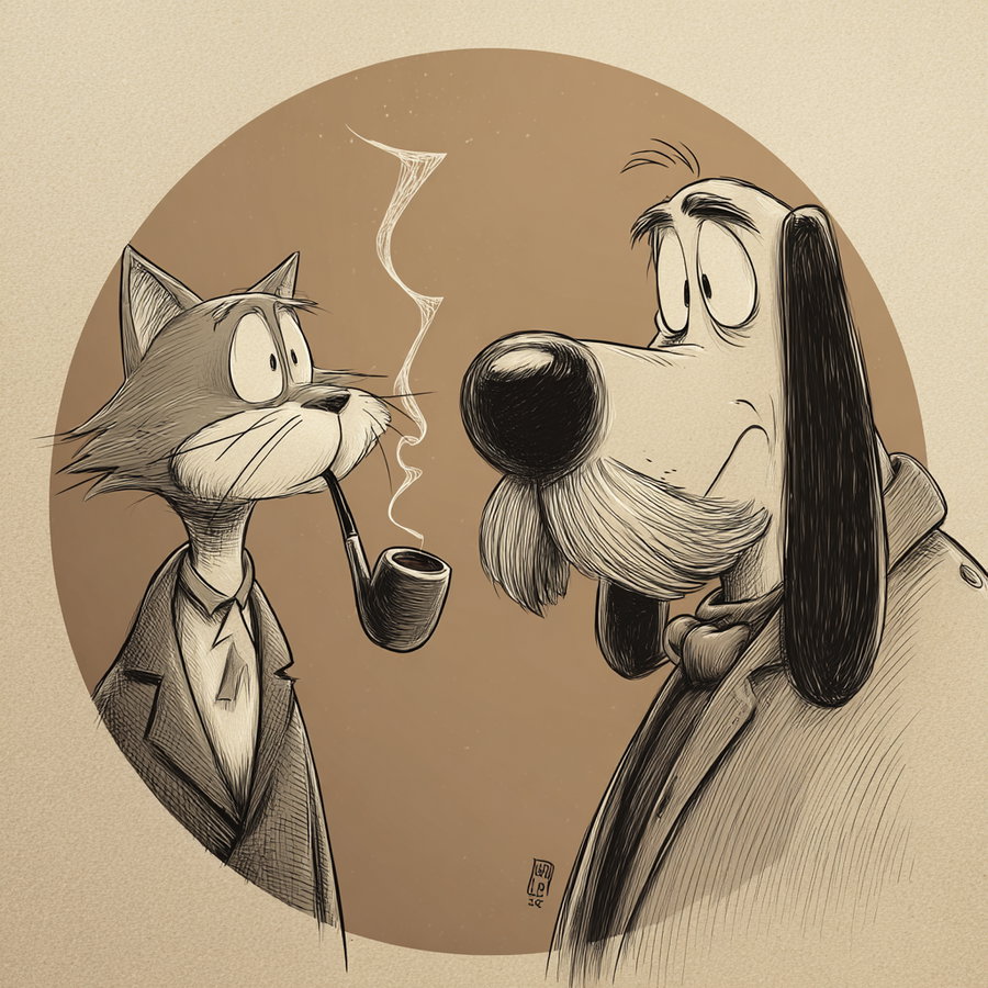 A detailed sepia-toned drawing of a cartoon cat smoking a pipe and a dog with droopy ears, both dressed in coats, set against a plain circular background.