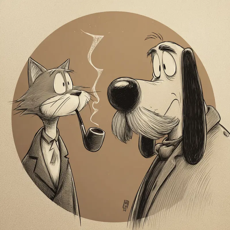 Vintage style sketch of a cat and dog characters with expressive faces
