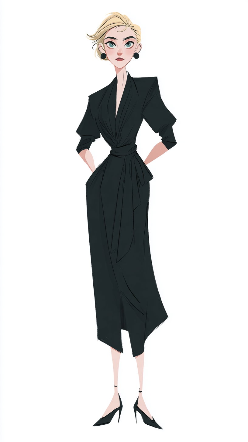 Digital artwork of a tall woman with short blonde hair wearing a long black dress with a deep neckline, black high heels, and black round earrings, standing with hands in pockets on a white background