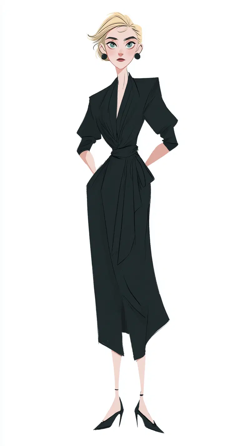 Stylish illustration of a woman in a sophisticated black dress and heels