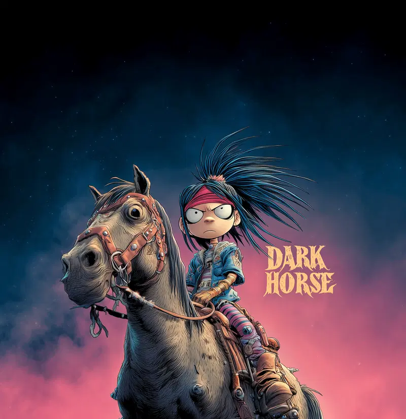 Stylized illustration of a fierce young rider on a horse under a night sky