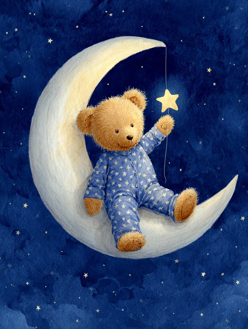 Whimsical illustration of a teddy bear in pajamas sitting on a crescent moon