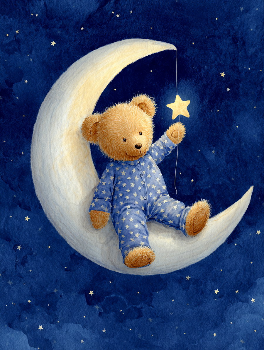 A fluffy teddy bear wearing blue pajamas with white stars sits comfortably on a large crescent moon, holding a string attached to a glowing star, set against a deep blue starry night sky background.