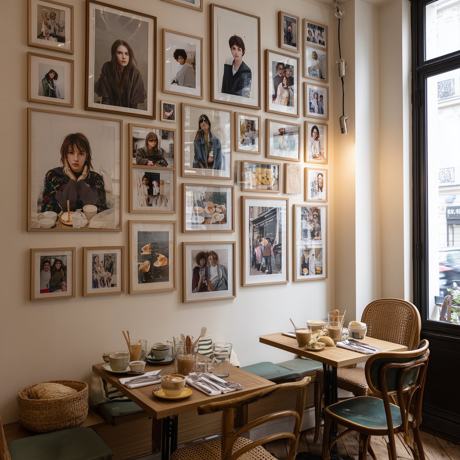 Interior of a cozy cafe with wooden tables and chairs. The wall is decorated with numerous framed portraits of women in various styles and poses. There are cups and glasses on the tables, and a large window letting in natural light.