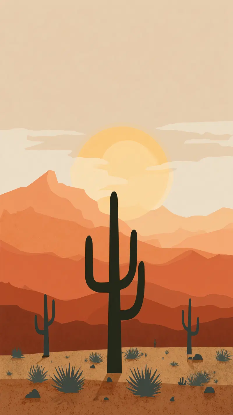Minimalist desert scene with cacti and layered orange mountains at sunset